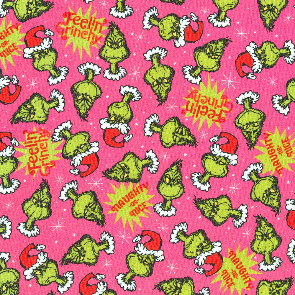 How the Grinch Stole Christmas Quilt Fabric - Grinch Faces in Candy Pink - ADED-22567-351 CANDY PINK