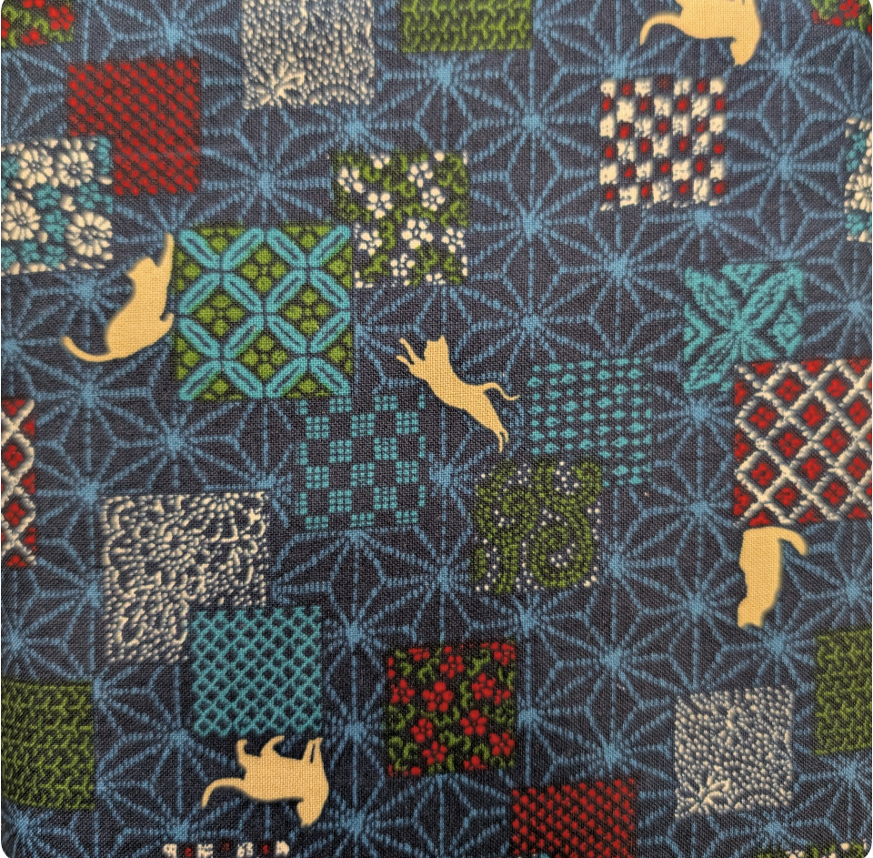 Japanese Imported Quilt Fabric - Hokkoh Patchwork Cats in Blue - 1500W-1A