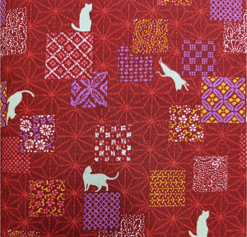 Japanese Imported Quilt Fabric - Hokkoh Patchwork Cats in Red - 1500W-1B