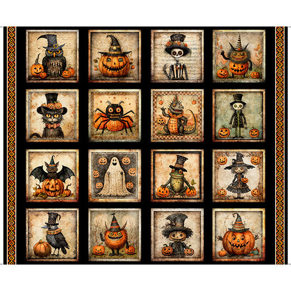 Jeepers Creepers Quilt Fabric - Halloween Picture Patches Panel in Black - 2600 31008 J - SOLD AS A 36" PANEL