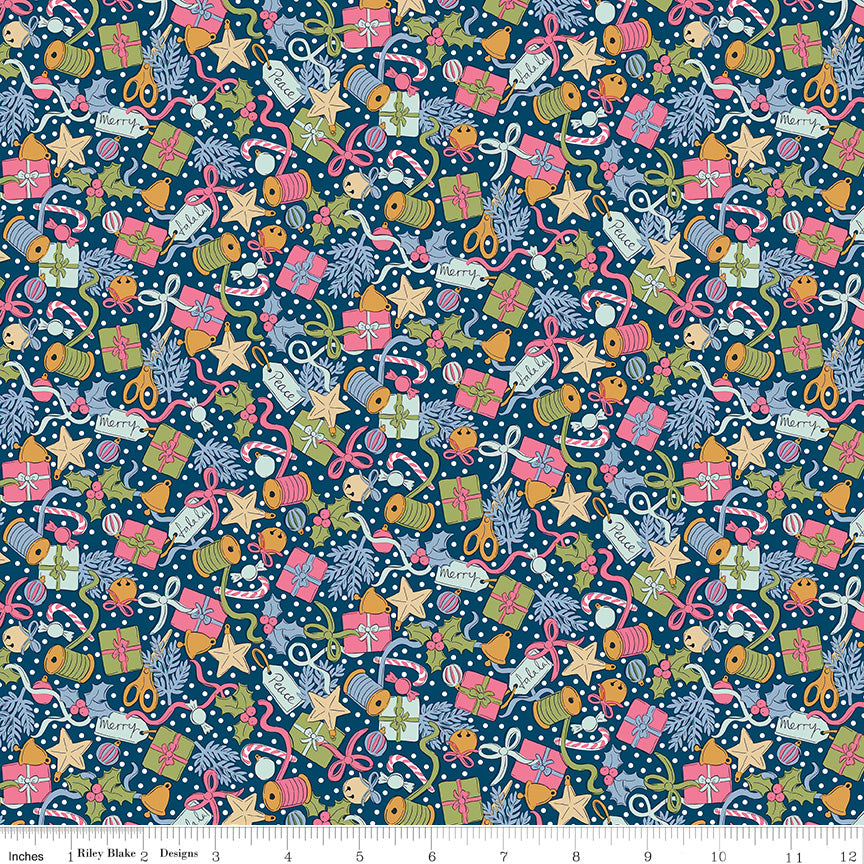 Liberty Festive Greetings Quilt Fabric - Festive Gifting in Blue - 01667433B