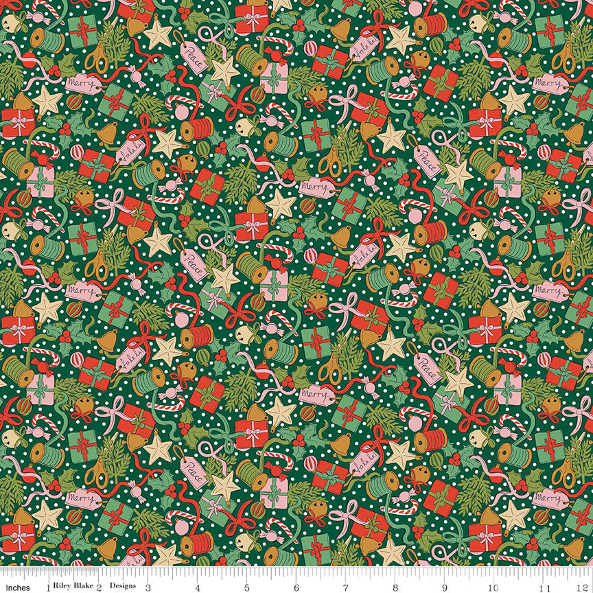Liberty Festive Greetings Quilt Fabric - Festive Gifting in Green - 01667433A