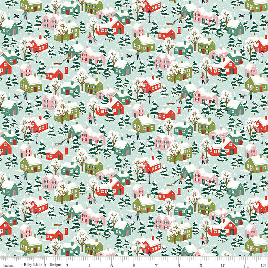 Liberty Festive Greetings Quilt Fabric - Festive Village in Aqua - 01667430A