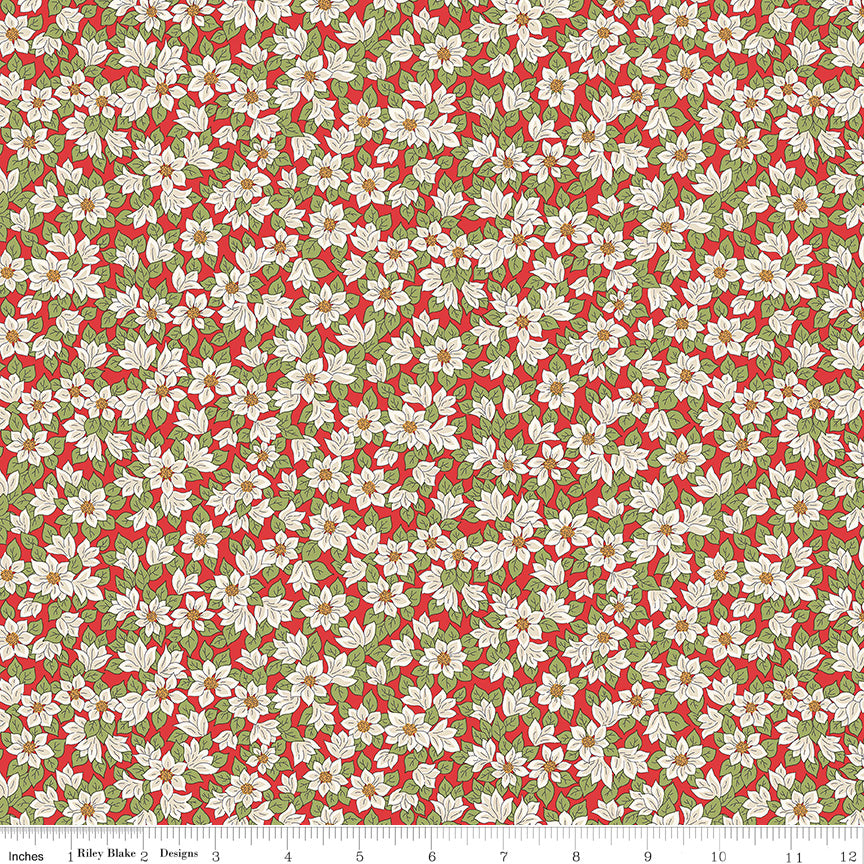 Liberty Festive Greetings Quilt Fabric - Peaceful Poinsettias in Cream on Red - 01667434B