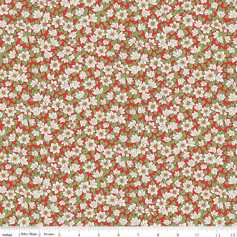 Liberty Festive Greetings Quilt Fabric - Peaceful Poinsettias in Cream on Red - 01667434B