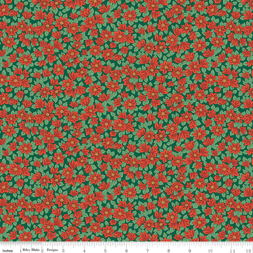 Liberty Festive Greetings Quilt Fabric - Peaceful Poinsettias in Red on Green - 01667434A