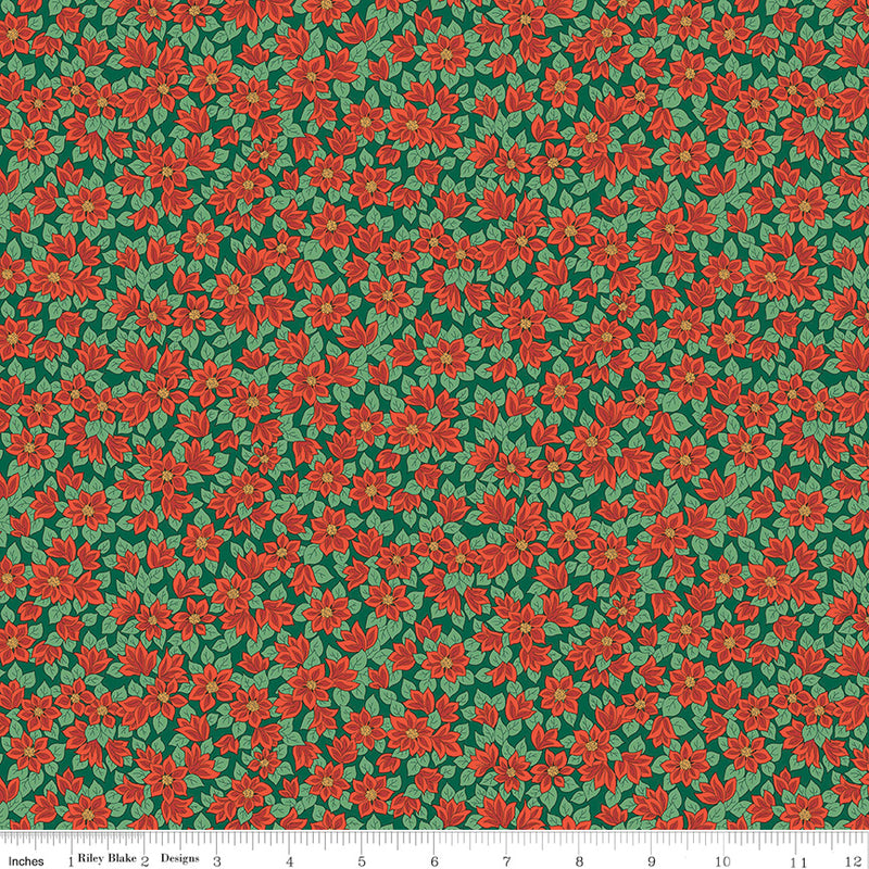 Liberty Festive Greetings Quilt Fabric - Peaceful Poinsettias in Red on Green - 01667434A