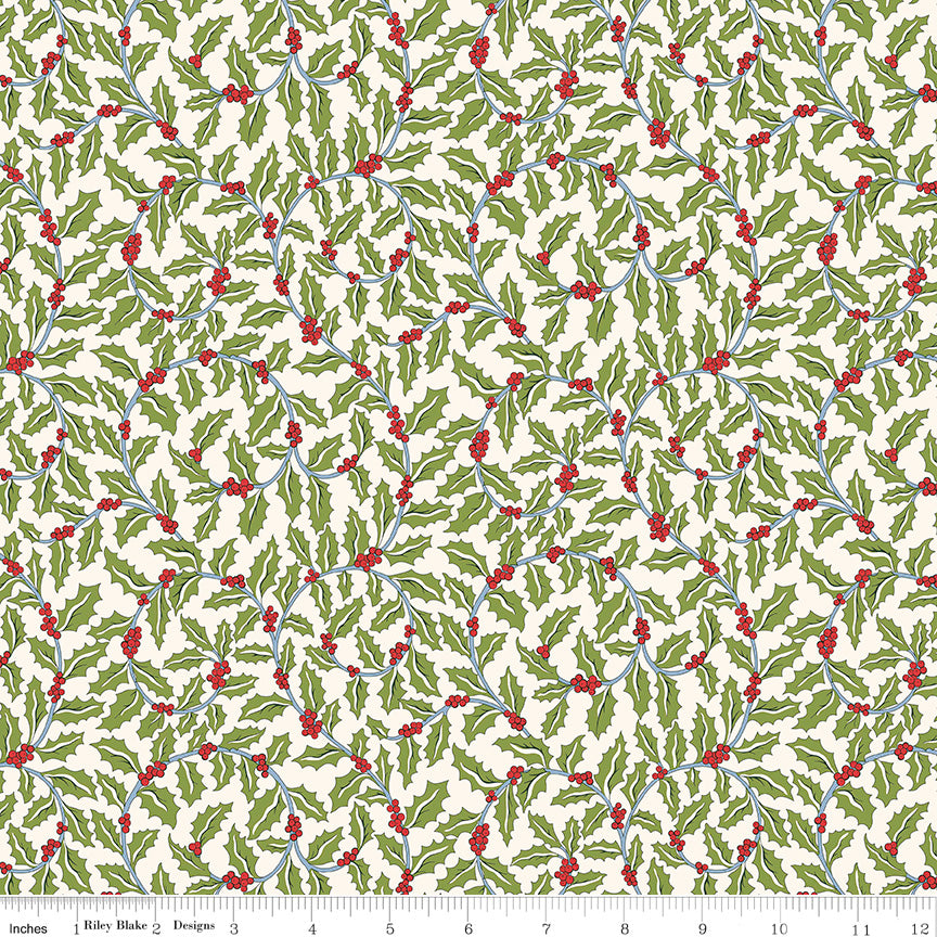 Liberty Festive Greetings Quilt Fabric - Swirling Holly in Cream/Light Green - 01667432B