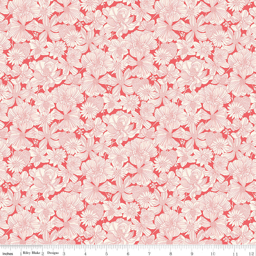 Liberty Postcard from Paradise Quilt Fabric - Gabriela Bloom A in Coral - 01667437A