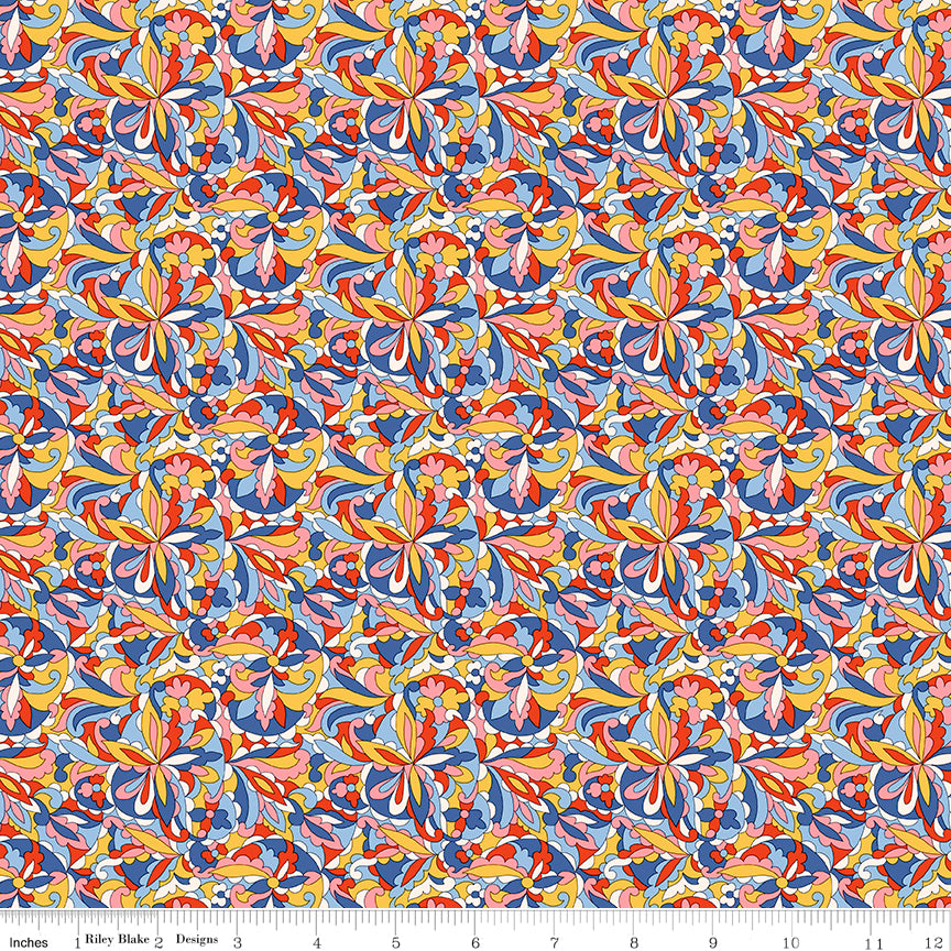 Liberty Summer Fair Quilt Fabric - Swirling Kaleidoscope A - Red/Blue/Gold - 01667504A