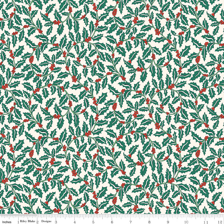 Liberty Festive Greetings Quilt Fabric - Swirling Holly in Cream/Dark Green - 01667432A