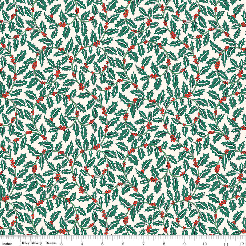 Liberty Festive Greetings Quilt Fabric - Swirling Holly in Cream/Dark Green - 01667432A