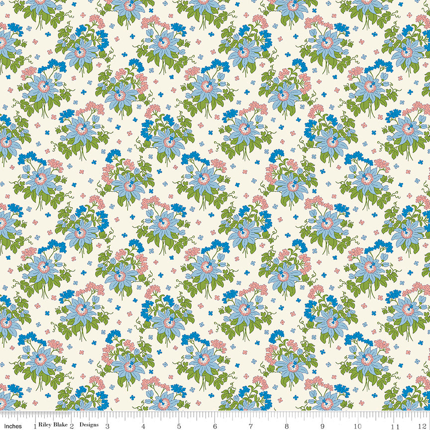 Liberty Postcard from Paradise Quilt Fabric - Passionflower Sway in Cream/Blue - 01667438B