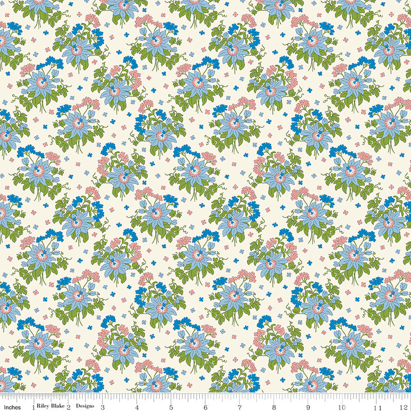 Liberty Postcard from Paradise Quilt Fabric - Passionflower Sway in Cream/Blue - 01667438B