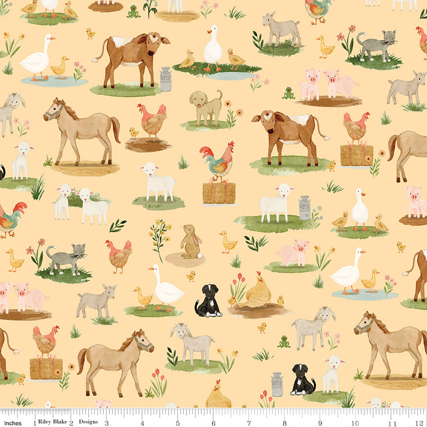 Lil Farm Friends Quilt Fabric - Animals on the Farm in Butter Yellow - C17941-BUTTER