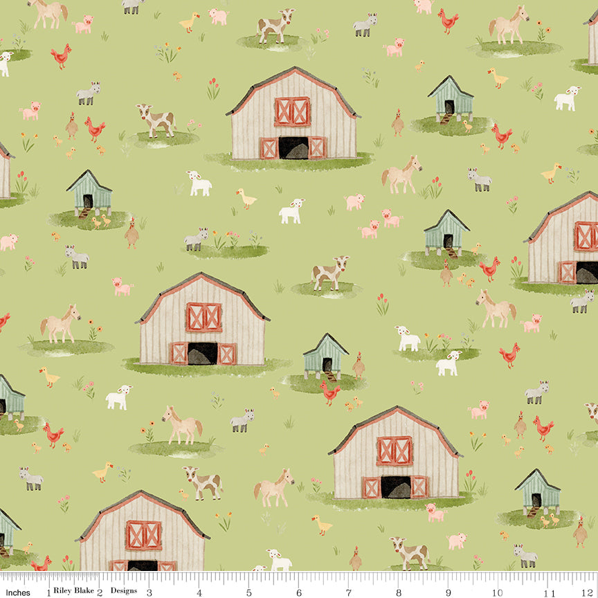 Lil Farm Friends Quilt Fabric - Main Scenic in Honeydew Green - C17940-HONEYDEW