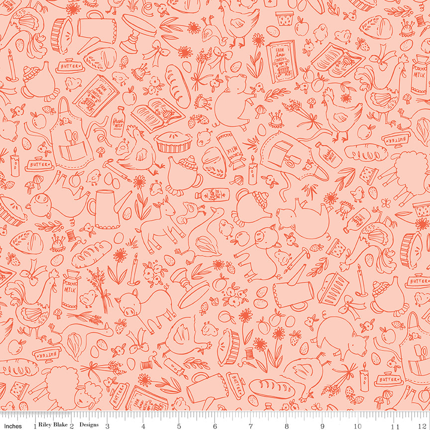 Lil Farm Friends Quilt Fabric - Outlines in Pink - C17942-PINK