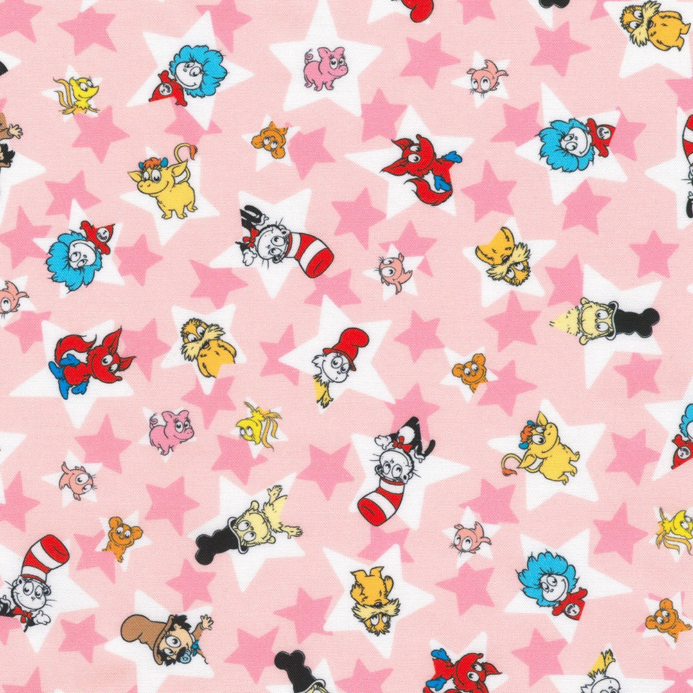 Little Seuss Quilt Fabric - Character Stars in Pink - ADED-23528-10 PINK