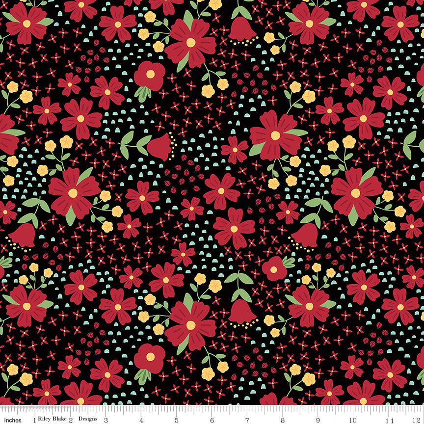 Little Ladybug Quilt Fabric - Main Floral in Black - C18030-BLACK