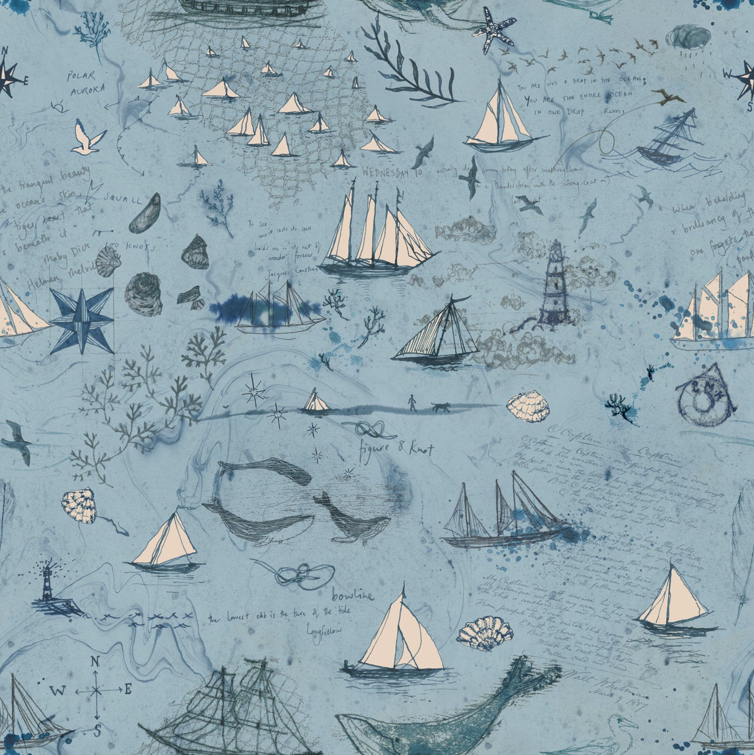 Longshore Quilt Fabric - Passport Collage in Day Blue - 24618 13