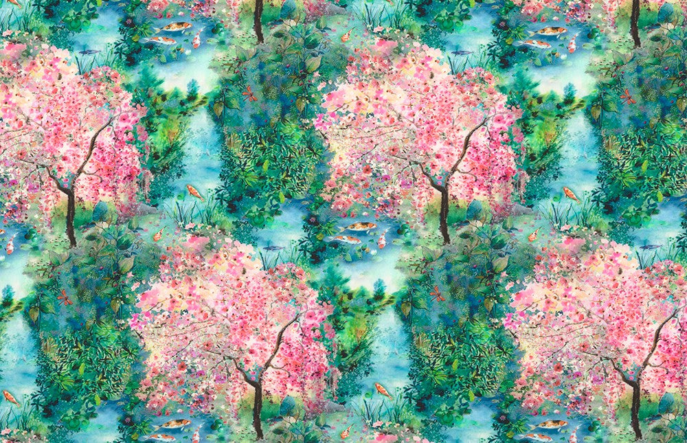 Lotus and Koi Quilt Fabric - Scenic Print in Spring - AVMD-22604-192 SPRING