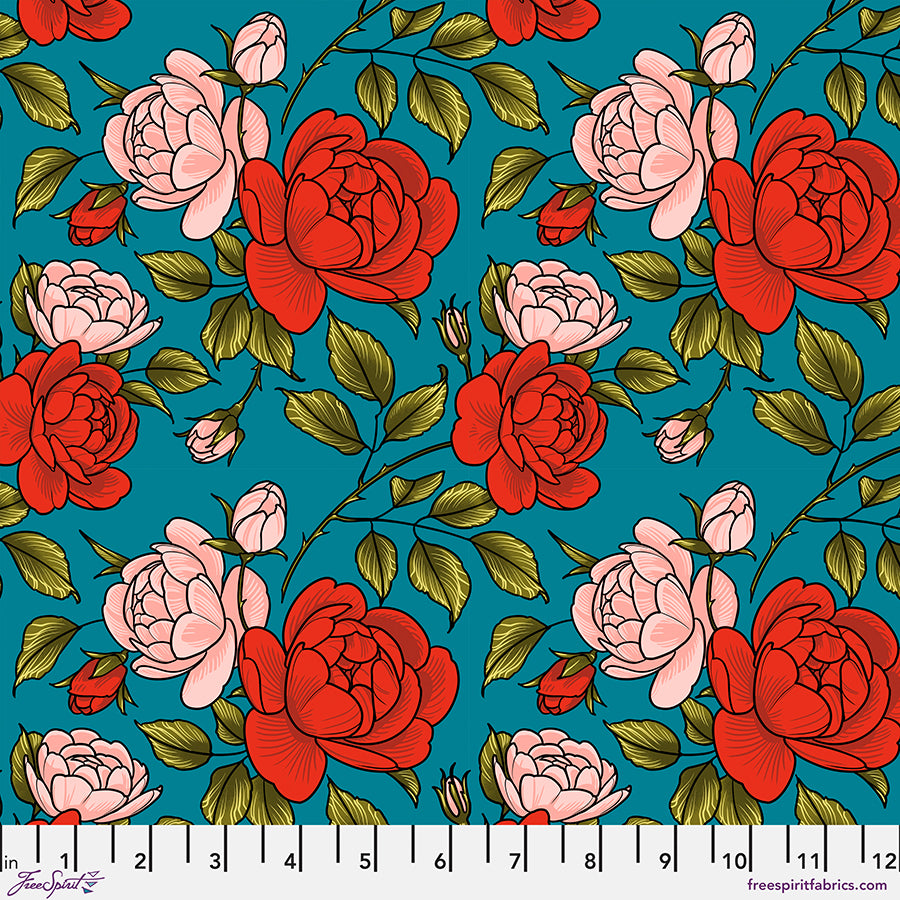 Love Letters Quilt Fabric - Roses are Falling in Teal - PWRH134.TEAL