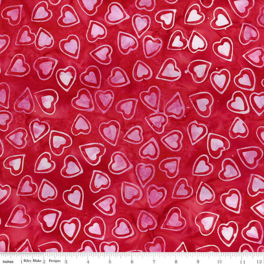 Love Punch Expressions Batiks Quilt Fabric - Outlined Hearts in Red Candy Riot - BT23492-224
