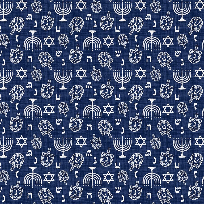 Love and Light Quilt Fabric - Dreidel and Menorah in Dark Blue - 7205-77