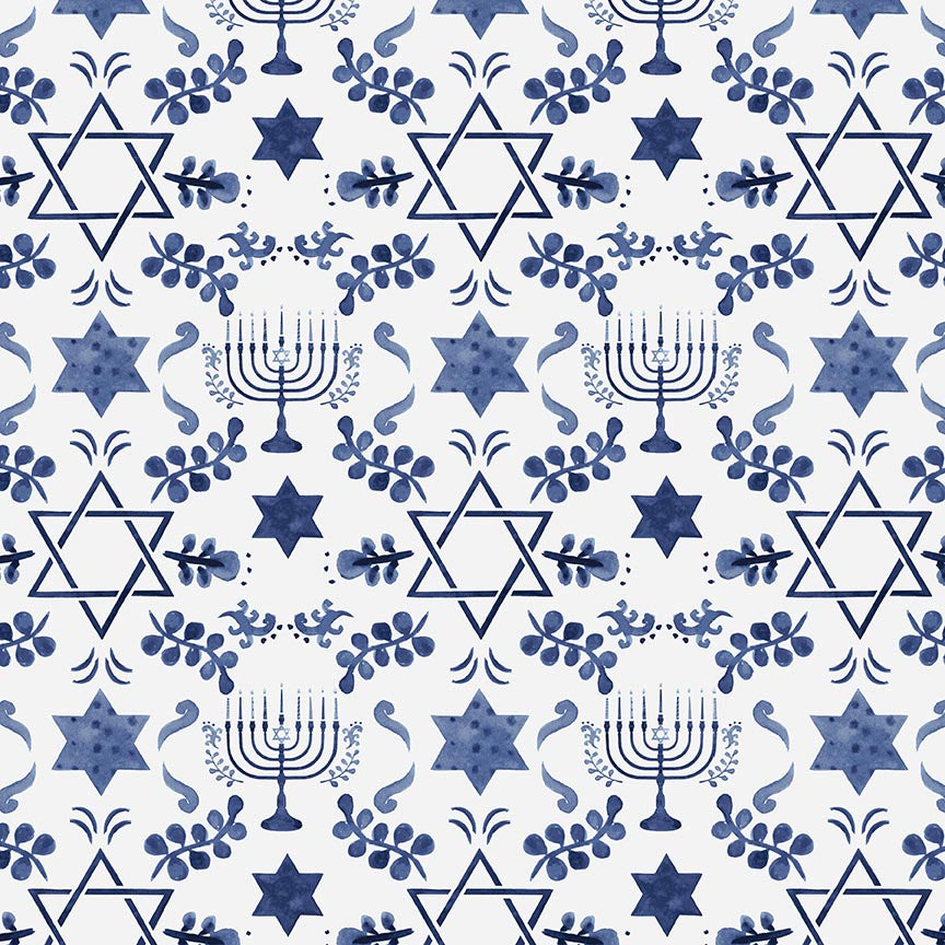 Love and Light Quilt Fabric - Star of David with Menorah in Off White - 7201-37