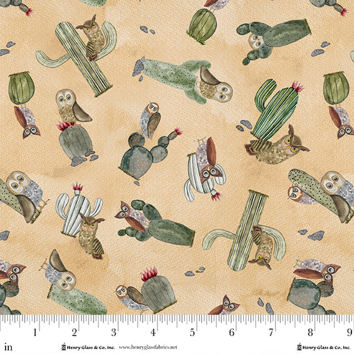 Magical Desert Quilt Fabric - Cactus and Owls in Sepia Tan - 2079-34
