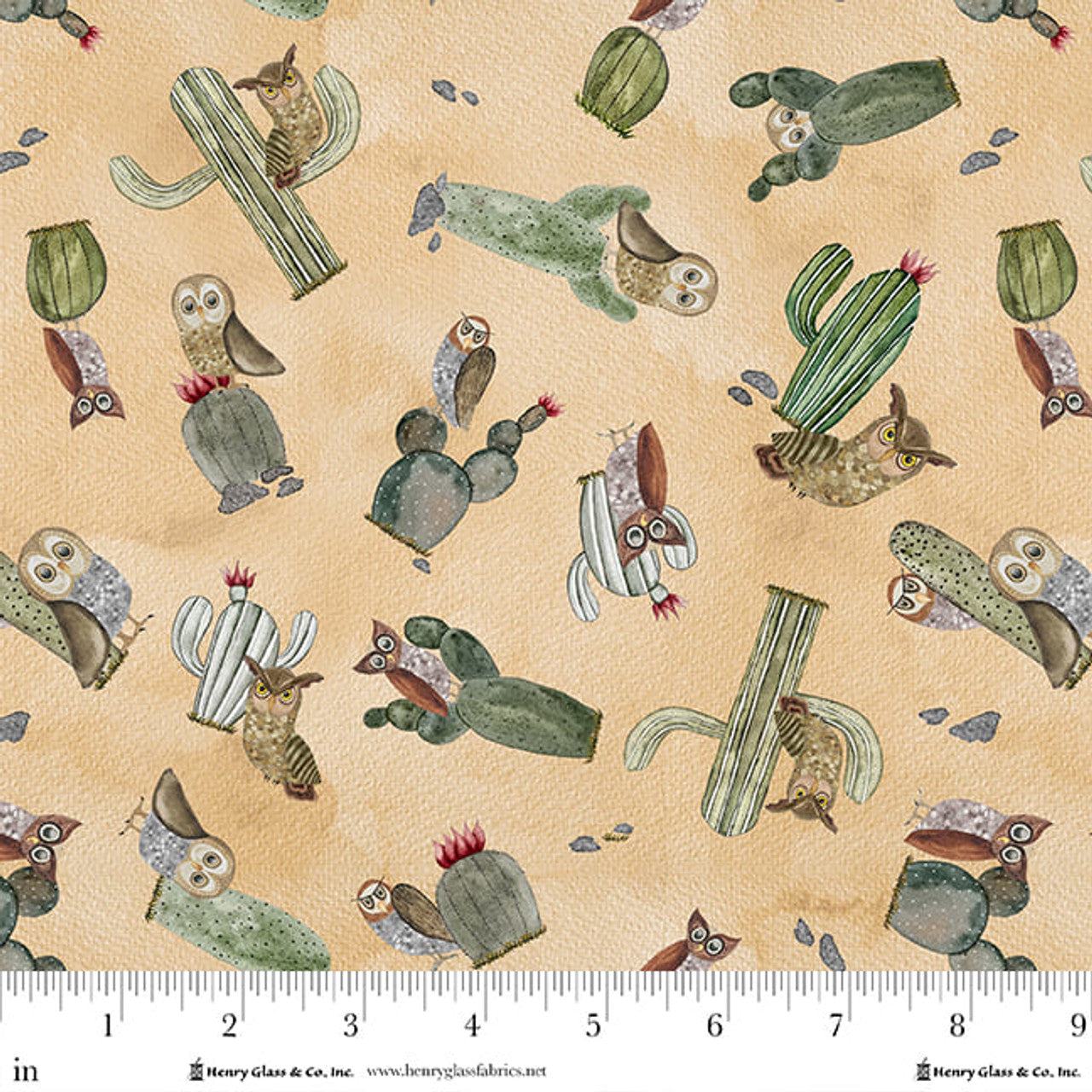 Magical Desert Quilt Fabric - Cactus and Owls in Sepia Tan - 2079-34