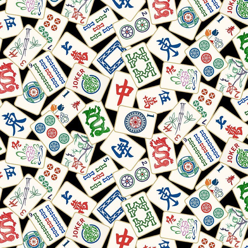 Mahjong Quilt Fabric - Tossed Tiles in Black/Multi - FUN-CD2741 BLACK
