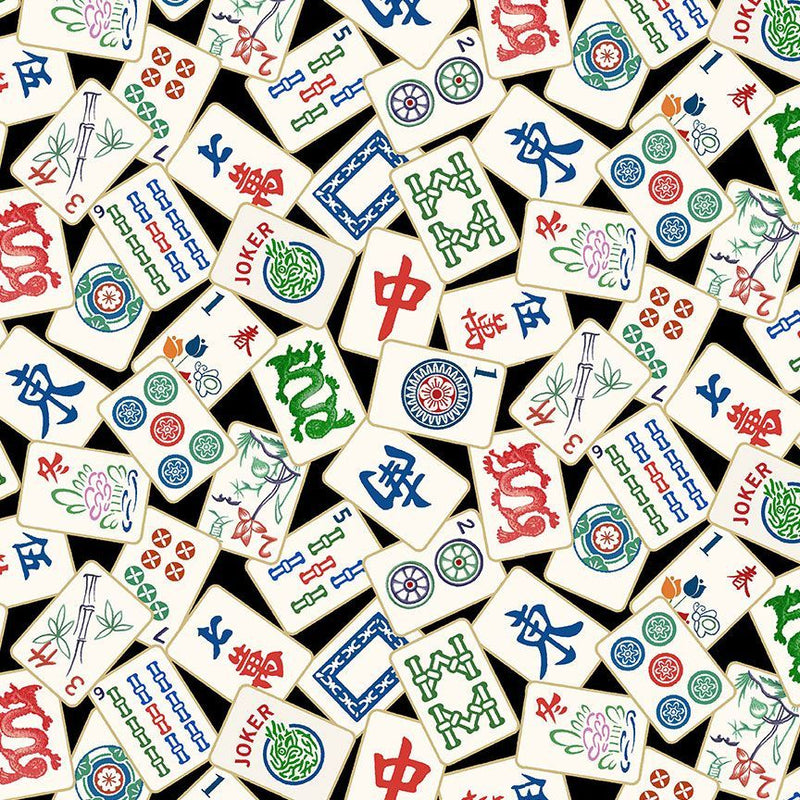 Mahjong Quilt Fabric - Tossed Tiles in Black/Multi - FUN-CD2741 BLACK