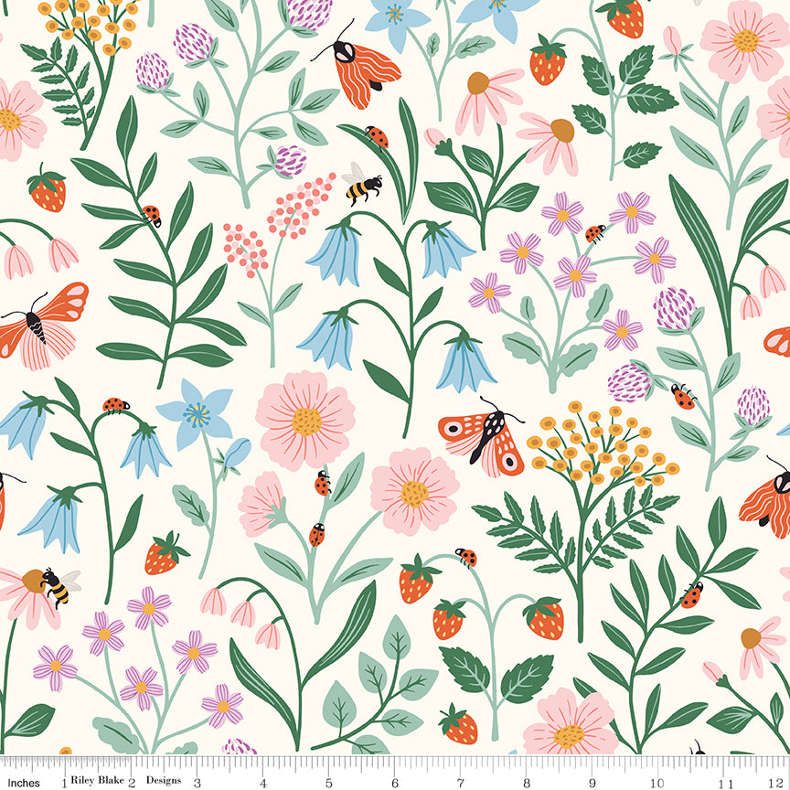Meadow Moments Quilt Fabric - Blooms and Bugs in Cream - C17231-CREAM