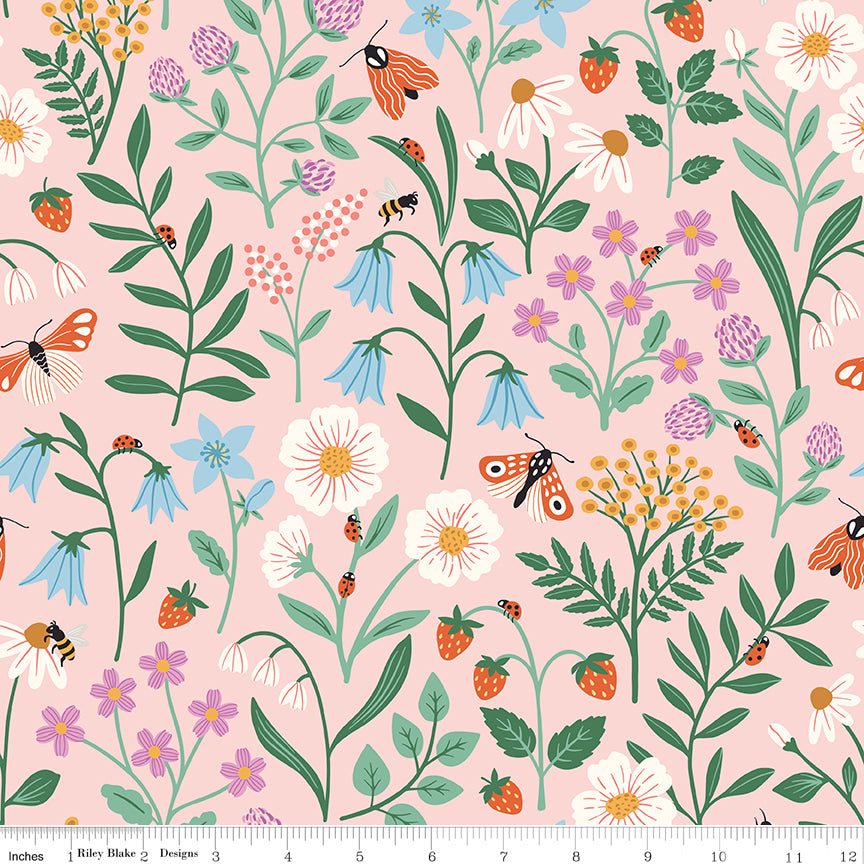 Meadow Moments Quilt Fabric - Blooms and Bugs in Pink - C17231-PINK