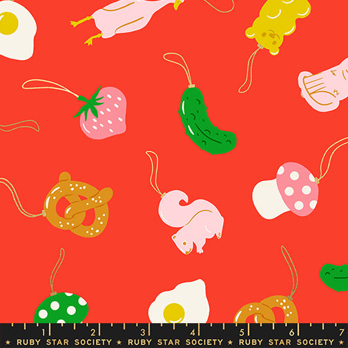 Merry Happy Quilt Fabric by Ruby Star Society - Find the Pickle in Lollipop Red Metallic - RS3097 12M