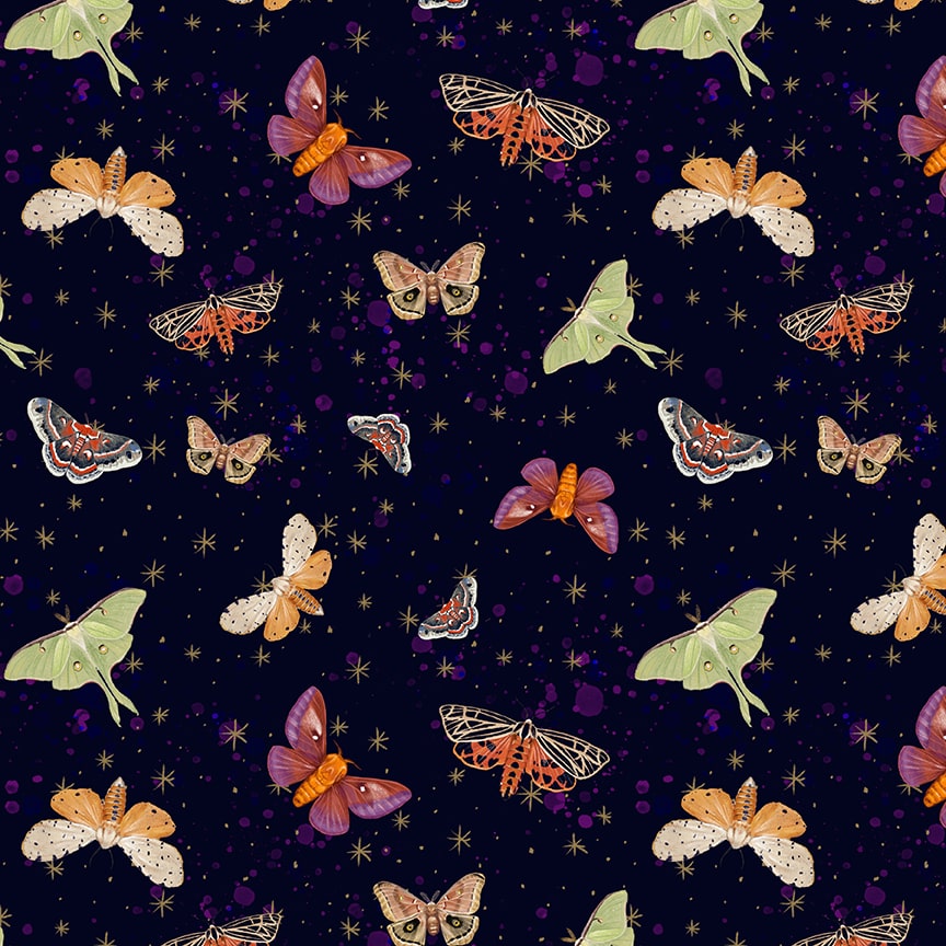 Midnight Rendezvous Quilt Fabric - Moths in Dark Purple - 2899-59