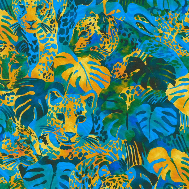 Midnight in the Jungle Quilt Fabric - Leopard in Lagoon Blue/Gold - SRKD-21968-71 LAGOON
