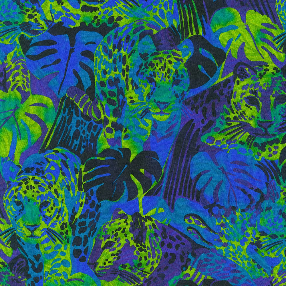 Midnight in the Jungle Quilt Fabric - Leopard in Midnight Blue/Green - SRKD-21968-69 MIDNIGHT
