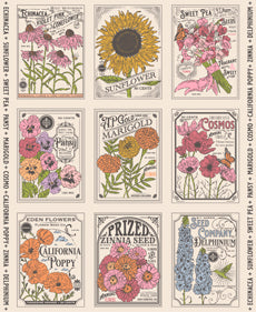 My Secret Garden Quilt Fabric - Vintage Seed Packet in Cloud Cream/Multi - 20988 11 - SOLD AS A 36" PANEL