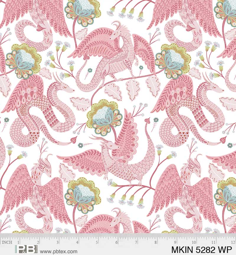 Mystical Kingdom Quilt Fabric - Allover Dragons in White/Pink - MKIN 5282 WP