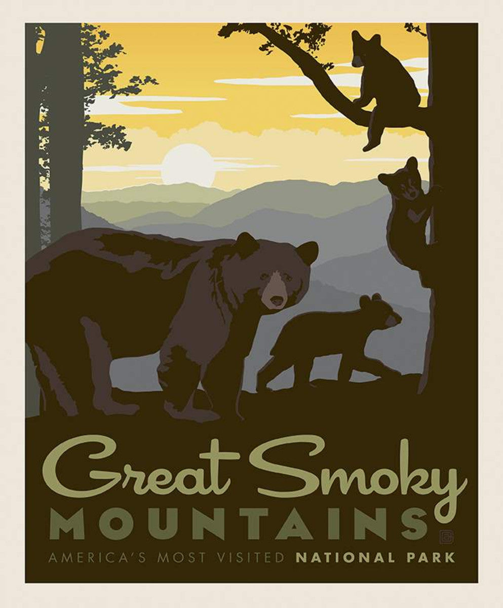 National Parks Quilt Fabric - Great Smoky Mountains Bears Poster Panel - P8792-GREATSMOKY - SOLD AS A 36" x 43" PANEL