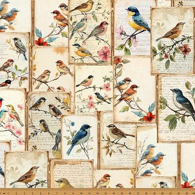 Nesting Hour Quilt Fabric - Bird Blocks in Antique Beige - Y5581-A25 ANTIQUE BEIGE