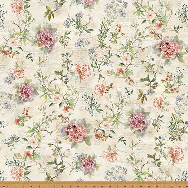 Nesting Hour Quilt Fabric - Floral with Script in Cream - Y5582-33 CREAM