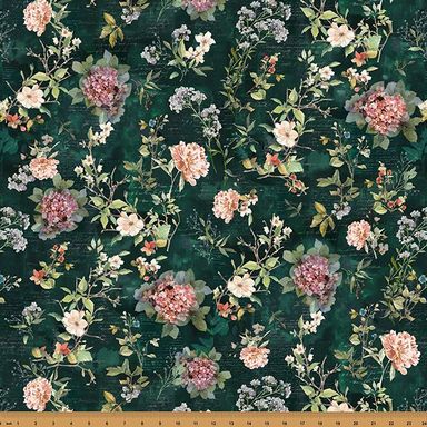 Nesting Hour Quilt Fabric - Floral with Script in Hunter Green - Y5582-60 HUNTER