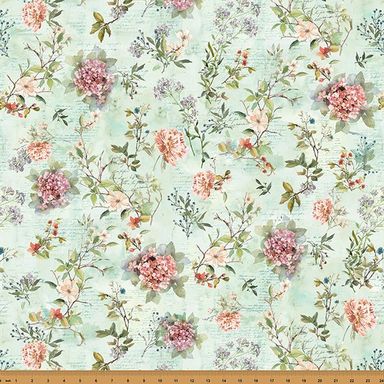 Nesting Hour Quilt Fabric - Floral with Script in Mint Green - Y5582-74 MINT