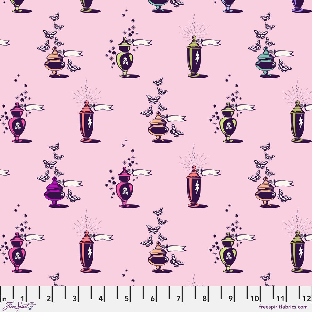 Nightshade Deja Vu Quilt Fabric by Tula Pink - Apothecary Bottles in Nerium Pink - PWTP209.NERIUM