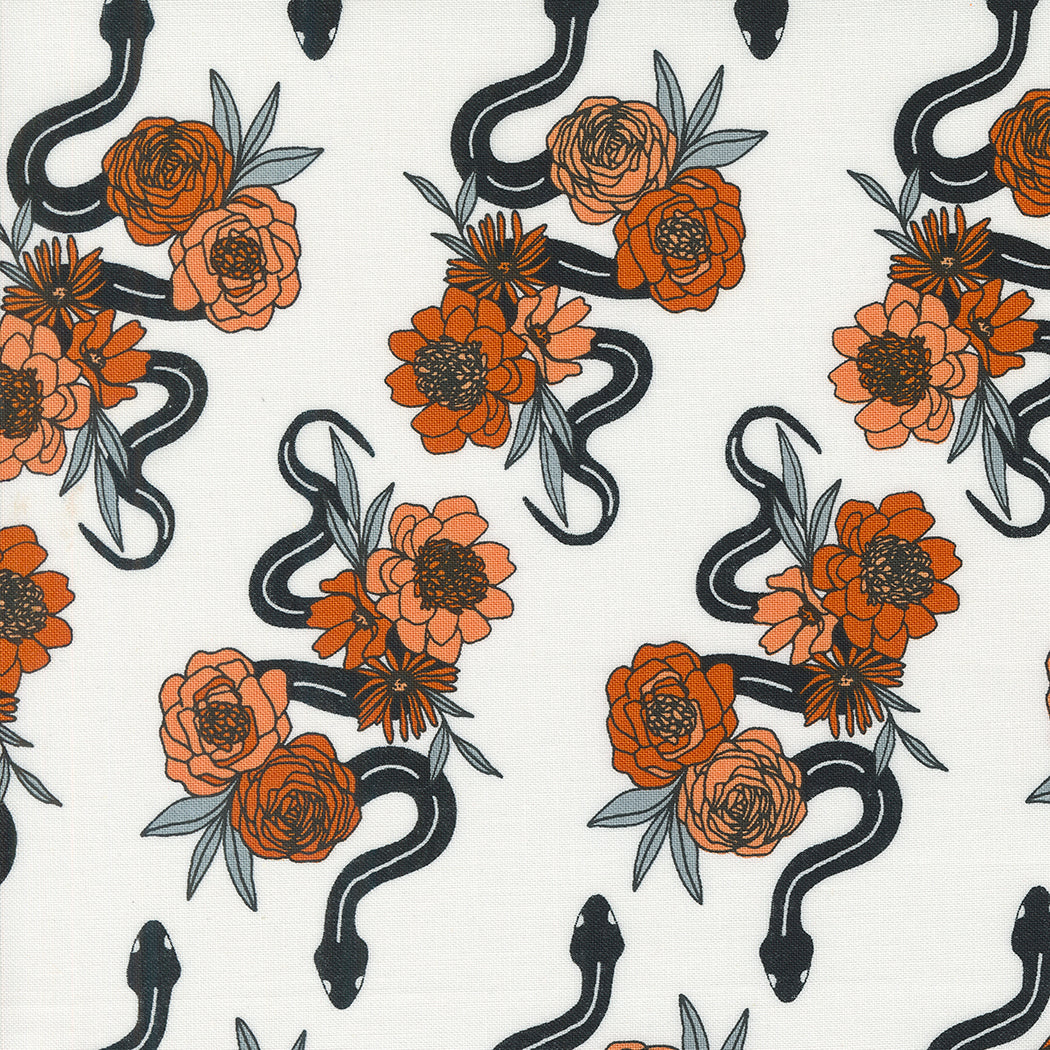 Noir Quilt Fabric - Slithering Snakes in Ghost White/Pumpkin Orange - 11542 11
