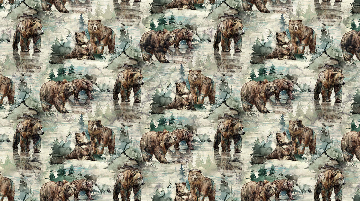 Northern Peaks Quilt Fabric - Bears in Sage Green/Multi - DP25167-71