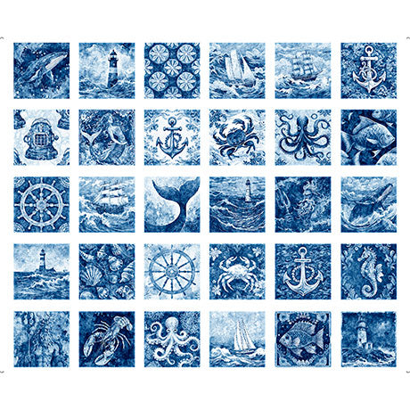 Ocean Blues Quilt Fabric - Nautical Motif Patches in Blue - 2600 30855 B - SOLD AS A 36" PANEL